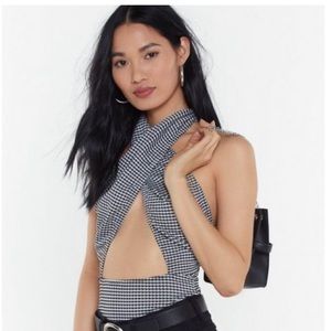 Boohoo Gingham Sexy Halter Neck Bodysuit